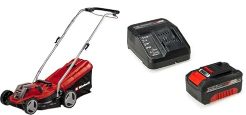 Einhell 3413266 Tosaerba a Batteria, 18 Volt + Power-X-Change Starter Kit, Caricabatteria e Batteria da 4000 mAh Li-Ion, Nero, Rosso