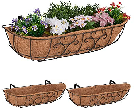 Relaxdays Blumenkasten Balkon, 3er Set, Balkonkasten zum Einhängen, Eisen & Kokosfaser, HBT 21 x 76 x 22 cm, braun/Natur
