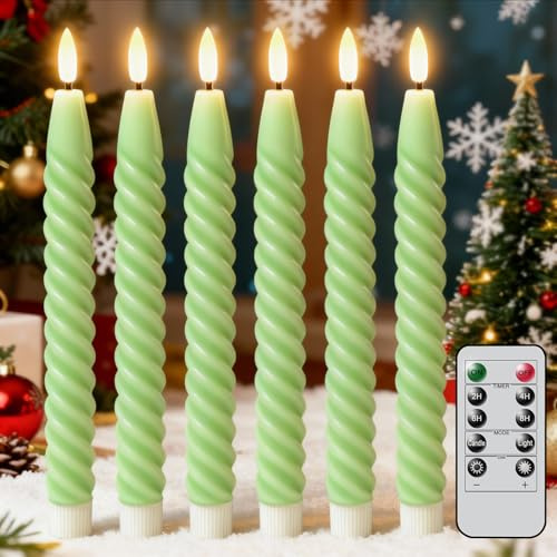 Eldnacele LED Stabkerzen Grün mit Timerfunktion im Spiraldesign, 6er Set | LED Kerzen mit Fernbedienung, elektrische Stabkerzen, Spiralkerzen aus Echtwachs, LED Kerzen flackernde Flamme, Ø 2 x 25 cm