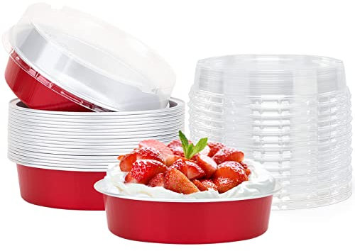 Beasea Engångs mini pajformar med lock, 20-pack 10 cm 236 ml ljusröd aluminium bakning folie burkar liten rund tårta behållare för individuell efterrätt muffin ostkaka ramekin quiche ugnsrätter
