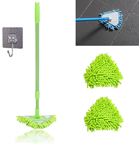 Japelessor Rotatable Adjustable Triangle Cleaning Mop - Mops for Floor Cleaning, Triangle Cleaning Wall Mop, Wall Cleaning Mop, Extra Gift 2 Reusable Mop Heads (B-Green)