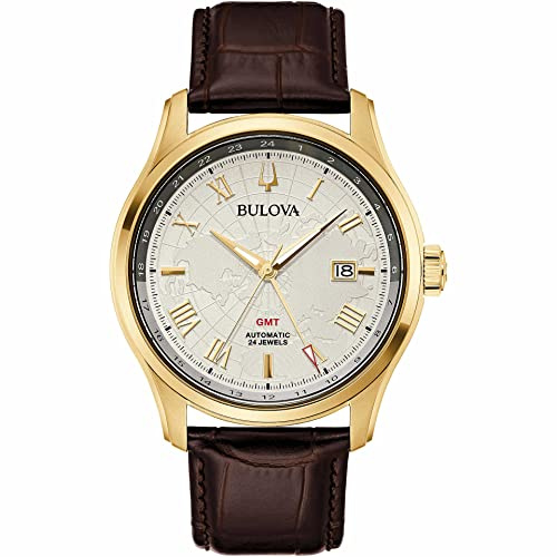Bulova Classic Wilton GMT Herren Armbanduhr aus Edelstahl und Leder in der Farbe Gold-Braun 43mm, Wasserdichtigkeit: 3Bar, 97B210