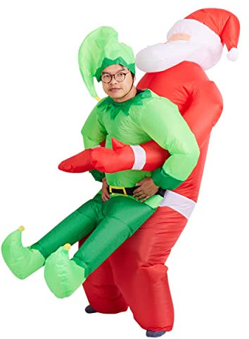 THE TWIDDLERS - Costume Gonfiabile Babbo Natale con Elfo sulle Spalle, Costume Natalizio da Gonfiare – Costume di Natale per Adulti Fino a 2 m