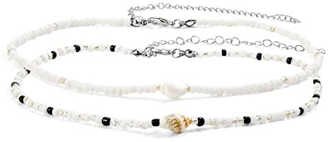Boho Muschelkette Weiß Perle mit Muschel Anhänger für Frauen Mädchen,2 Reihig Kurze Kette Weiss Perlen Choker Ketten Strand Halskette Mode Schmuck Geschenk für Damen Frau Freundin Mutter Geburtstag