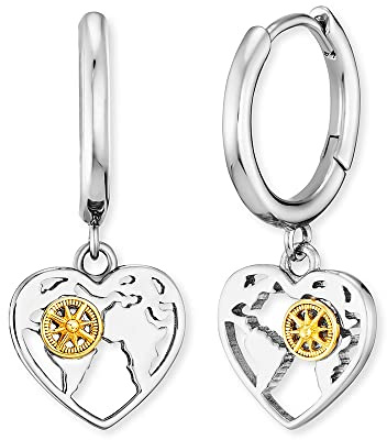Engelsrufer Damen Creole Aloha aus Sterling Silber mit Herzanhänger Weltkarte und Windrose Bicolor - Clipverschluss - nickelfrei - Größe: 14mm