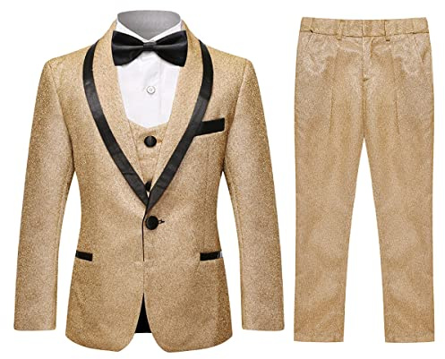 SWOTGdoby Boys Gold Tuxedo Suit Shiny Festive Dress 3 Pieces Blazer Pants Vest for Wedding