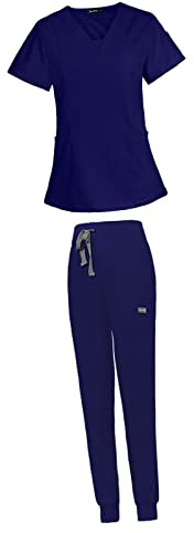 Baoblaze Nursing Scrubs Uniform Jogger Suit with Pockets Nurse Uniform Soft Female Blouse Work Clothes Top Pants Set for Massaging Operating Room SPA, Navy Blue, L, Dark Blue