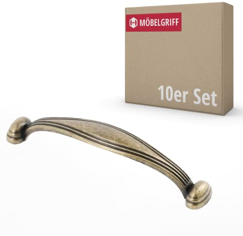 Gedotec Möbelgriff aus Vollmetall | RANI | Möbelgriffe Messing antik BA: 96 mm | 10 Stück | Griffe für Küchenschränke inkl. Befestigungsmaterial | Türgriffe für Schränke | Schrankgriffe Griffe Möbel