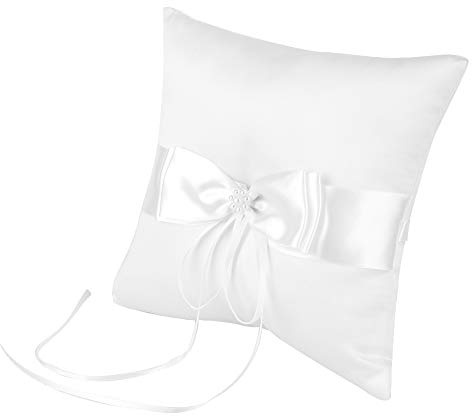 Greensen Hochzeit Ringkissen Ehering-Kissen Ringkissen mit Satinband Schleife und Perle Wedding Ring Pillow für Anträge, Verlobungen oder Eheschließungen, Weiß (20 * 20CM)