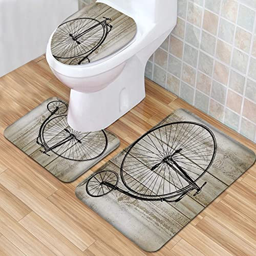 IUBBKI Badematte, Badezimmer-Anti-Rutsch-Matte, klassisches Vintage-Fahrrad-Fahrrad-Holz, Badematten-Set, 3-teilig, saugfähig, rutschfest, Badematte, WC-Vorleger, Badteppich für Badezimmer,