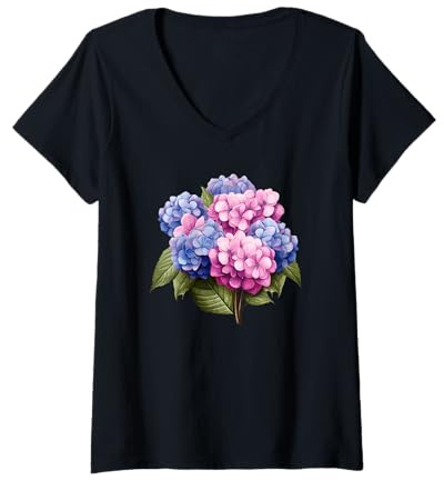 Femme Hortensia, Fleur d'hortensia T-Shirt avec Col en V