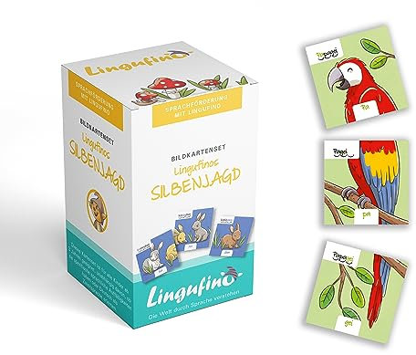DIALOG TOYS - Bildkarten Set Lingufinos Silbenjagd - 64 liebevoll illustrierte Bildkarten zur Sprachförderung mit Lingufino - für Kita, Logopädie, Vorschule und Zuhause