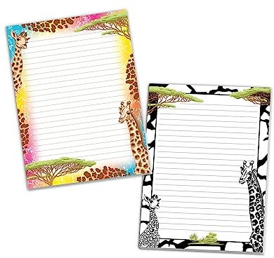 2 Motiv Schreibblöcke Briefpapier liniert für Mädchen Kinder Schule Safari Giraffe (1 Block bunt und 1 Block zum Ausmalen A4 mit je 25 Blättern)