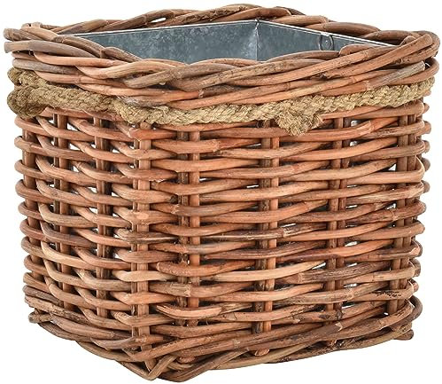 Krines Home Großer Pflanzkorb aus Natur Rattan mit Griffen und Einsatz aus Zink/geflochtener Übertopf aus Rattan/Größe XL quadratisch