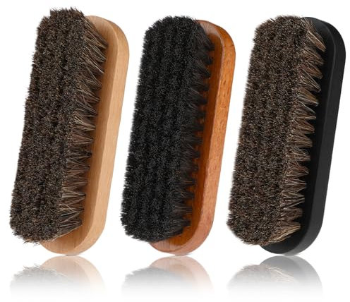 Amabro 3 spazzole per scarpe in crine di cavallo, spazzole per lucidare le scarpe, in pelle scamosciata, con manico in legno, per stivali, scarpe, seggiolini auto, divani, borse, scarpe da ginnastica