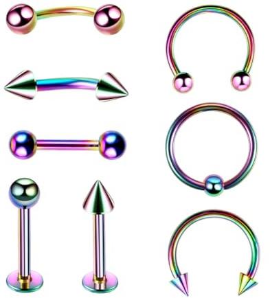 Decentraland 8 Stück 16G Regenbogen Chirurgenstahl gerade gebogene Hanteln Hufeisen Schlangenaugen Zunge Nippel Bauch Augenbraue Nasenringe Ohrstecker Knorpel Mund Hoop Piercing Schmuck Damen Herren