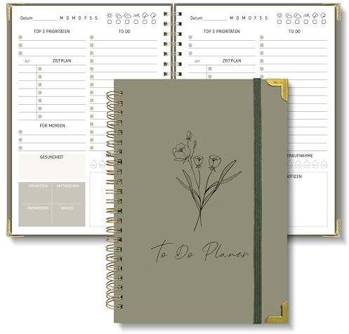 Cucoller Agenda diaria sin fecha, cuaderno con lista de tareas, agenda en espiral, 120 páginas/60 hojas, 148 x 210 mm, tapa dura, planificación diaria para oficina, escuela, organizador (verde)