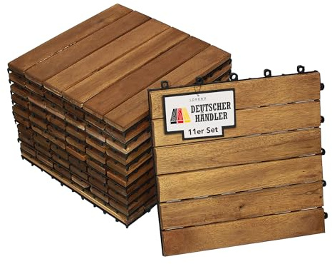 Loreno Holzfliesen 11er Set 30x30 cm Akazienholz Klicksystem Fliese 01 | Wetterfest und Frostsicher, Balkonfliesen, Terrassenfliesen, Balkon und Terrassenboden, Ideal für Außenbereich und Garten