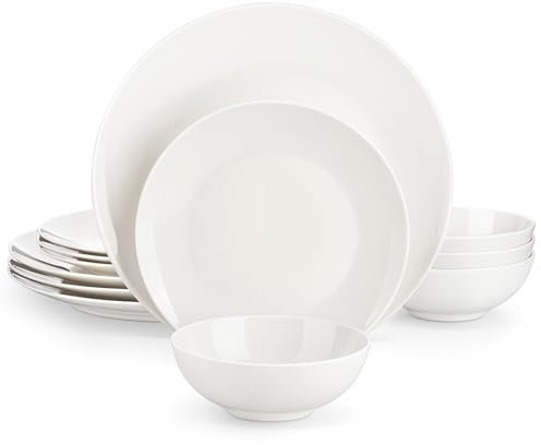 MALACASA Servizio Piatti 12 Pezzi per 4 Persone in Porcellana Fine, Serie JERA – Bianco Crema, con 4 Piatti Piani, 4 Piatti da Dessert e 4 Ciotole per Cereali, Lavabile in Lavastoviglie
