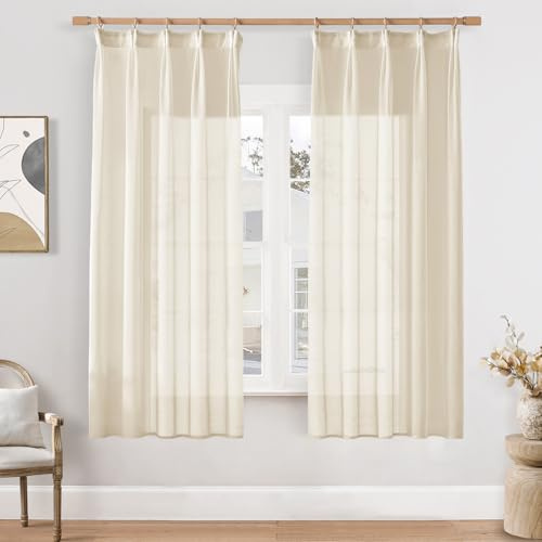 Softalker Vorhänge Beige mit Kräuselband Gardinen Vorhang Kurz Durchsichtig Gardine Schal 160 cm Hoch Transparent Voile Curtains & Drapes für Schienensystem Vorhang 140 cm Breit, 2er Set
