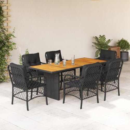 Gecheer 7-TLG. Garten Essgruppe 6 Personen, Sitzgruppe Terasse, Terrassenmöbel Set, Tisch & Stuhl, Gartenmöbel Set, Gartengarnitur für Garten Terrasse, Poly Rattan Schwarz