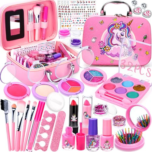 VIPNAJI Kinderschminke Set, 32 Stück Kinder Schminkset, Waschbar Kosmetik Ungiftig Make Up Spielzeug mit Schminkkoffer, Halloween, Weihnachten, Geburtstage Geschenke für Mädchen ab 5 Jahren