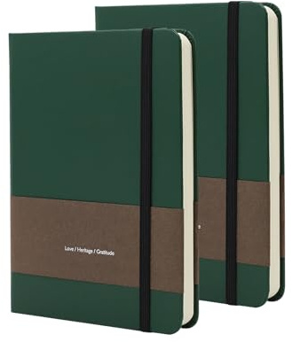 TUNJILOOL A6 Leather Journal Notebook - 2Pack Dotted/Grid/Blank Pages, 100GSM Thick Paper, Water-Resistant Cover, Elastic Closure & Inner Pocket (Green)