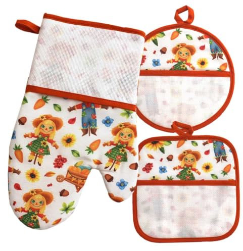 Guantone e presine da cucina da ricamare a Punto Croce, Set Guanto da forno e presine, Guantone da forno e presine con Tela Aida in fantasia Spaventapasseri (22 Arancio)