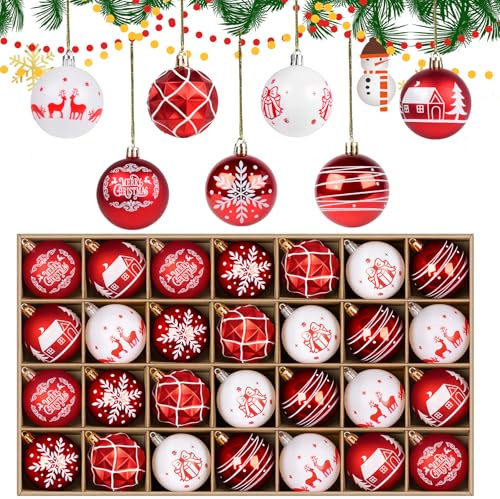 Agoer 28pcs Christmas Baubles,Red and White Shatterproof Christmas Ball Ornament,60 mm Hanging Xmas Ball,Deer Stars Festive Plastic Baubles for Xmas Trees,Wreaths & Xmas Parties,Matte,Glitt