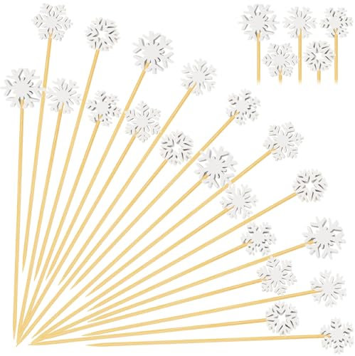 100 palillos de cóctel de copo de nieve, palillos de dientes de aperitivos de 4.7 pulgadas, palillos de alimentos, pinchos de charcutería para decoraciones de invierno, nieve, congelado, suministros