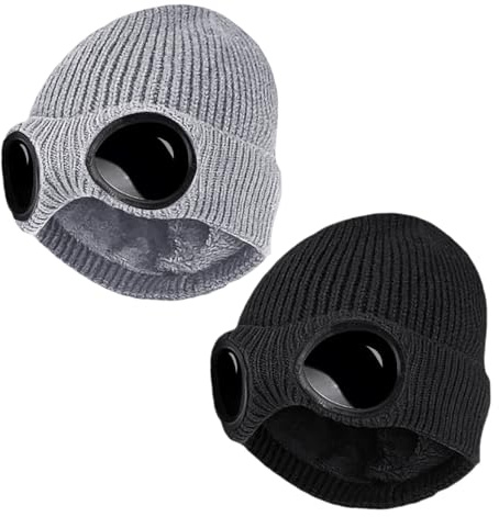 TYFGRT 2-pack hattar med glasögon, skidhattar, stickade sporthattar, vindtäta hattar, vintervarma hattar, elastiska stickade mössor (grå, svart), Grå, S-M