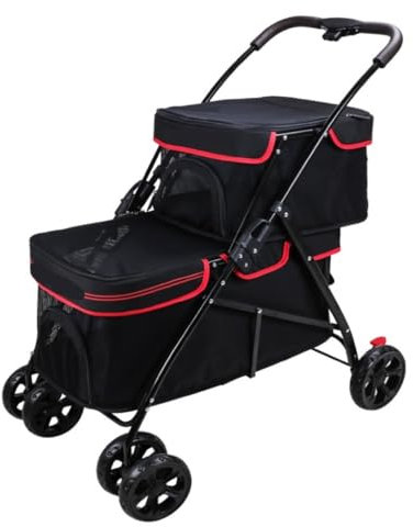 Hundewagen Leichter Zusammenklappbarer Haustier-Kinderwagen, Hunde- Und Katzentasche, Doppellagiger Out-and-Out-Kinderwagen, Praktischer Haustier-Kinderwagen Katzen Kinderwagen(Black)