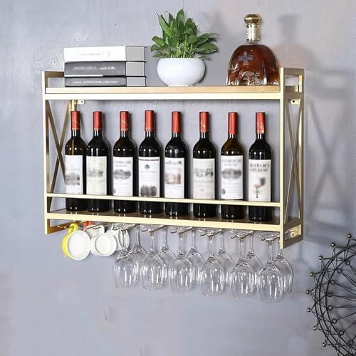 Moderne Porte-Bouteilles Muraux,Bouteille Muraux Métalique Étagère À Vin avec Porte-Verre À Vin,Casier À Vin Mural,Porte-Verre À Vin Suspendu Mural pour Bar À La Maison(Size:100*20*52cm,Color:Glod)