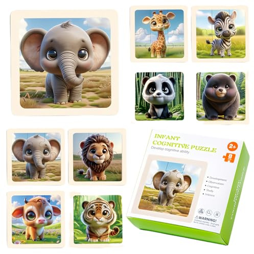 Mini Puzzle Kinder 8 Stücke,Mini Puzzle Kinderpuzzle ab 3 Steckpuzzle Holz Jahre Lernspielzeug Kinderpuzzle ab 2 3 4 5 Jahre Junge Mädchen(wildtiere)