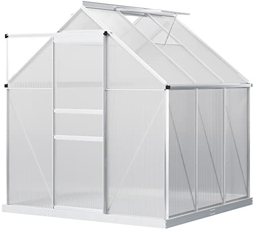 Outsunny 6 x 6ft Polycarbonate Greenhouse, Large Walk-In Greenhouse with Adjustable Roof Vent, Garden Green House with Galvanised Base, Sliding Door and Rain Gutter, Silver Tone