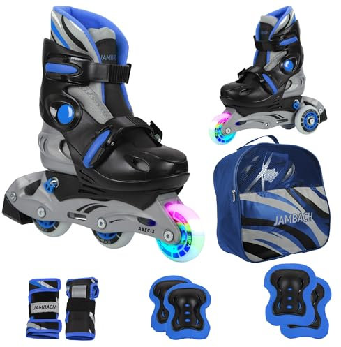JAMBACH Kinder Inline-Skates mit Schutzset verstellbar zum Rollschuh mit Led (Blau-Schwarz, M (34-37) ohne Helm)