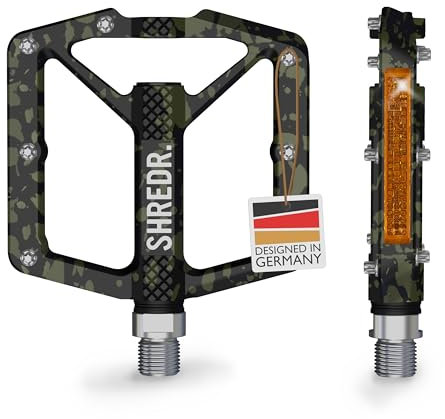 SHREDR. Shine Pedale für MTB | Hochwertige Flatpedals fürs Mountainbike | Mit Reflektoren (StVZO konform) | Special Edition - Jedes Pedal ist EIN Unikat (camo grün, M)