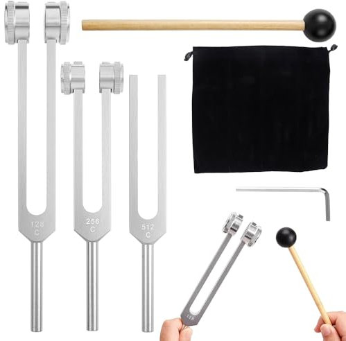 KBIBCK Tuning Forks for Healing, Tuning Fork Set(128Hz, 256Hz, 512Hz), 128hz Healing Instrument with Silicone Hammer & Bag, Aluminum Alloy Tuning Forks for Medical, Therapy, ASMR Healing (Silver)
