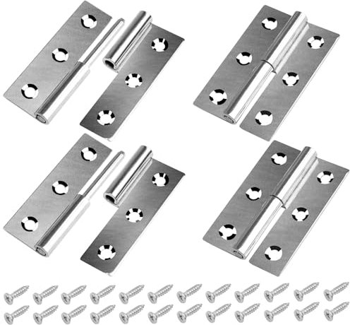 Anstore 4 Pcs 3 Detachable Hinges Left Right, 2 Sets Stainless Steel Left & Right Lift Off Door Hinges for Industrial Doors, Gates, Heavy Duty Window, 75x50x2mm Hand Reversible Hinges with Screws