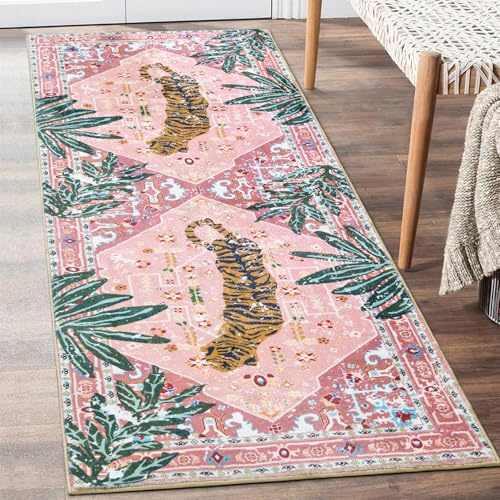 Aldopein Oriental Tropical Kitchen Runner Rug 2x5 Washable, Thin Stain Resistant Pink Boho Bathroom Runner Rug for Hallway Entryway Bedroom Laundry, Vintage Abstract Hippie Botanical Long Carpet