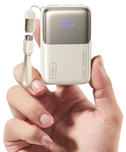 INIU Ultra Mini Powerbank, 10000mAh 45W Schnellladen mit USB C Kabel | Flugtauglich, Reise-Essential, Angebrachtem USB-C Kabel, Externe Handyakkus für iPhone 17 16, Samsung, Zartes Weiß