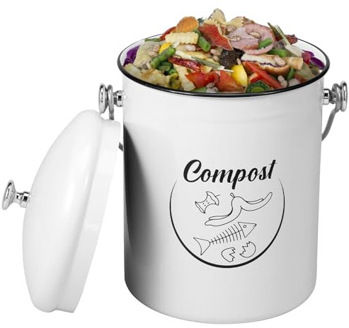 Recipiente de residuos biológicos para cocina de 5 L con tapa sellada, cubo de compost, de metal con asa, cubo de basura orgánico, gran capacidad, filtro de algodón integrado para interiores