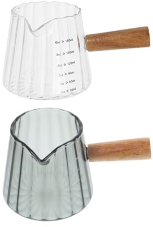 WEKADRIN 2pezzi Bricco per Schiumare Latte in Vetro Trasparente con Manico in Legno Tazzine da caffè Espresso con Misurino Graduato Caraffa Carina per Lattiera
