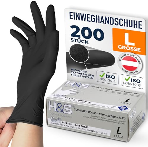 ISC Hygiene & Safety Einweghandschuhe Nitril – Schwarz, L, 200 Stück | latexfrei, Handschuhe Einweg, Einmalhandschuhe, Nitrilhandschuhe, Gummihandschuhe, puderfrei
