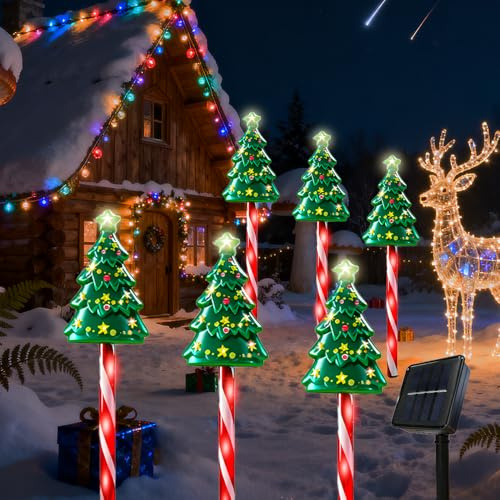 HuaMuDM 6 Stück Solar Weihnachtsbaum Gartenleuchten, Weihnachtsbeleuchtung für Außen, Solar Christbaumbeleuchtung, Garten-Weihnachtsdekoration