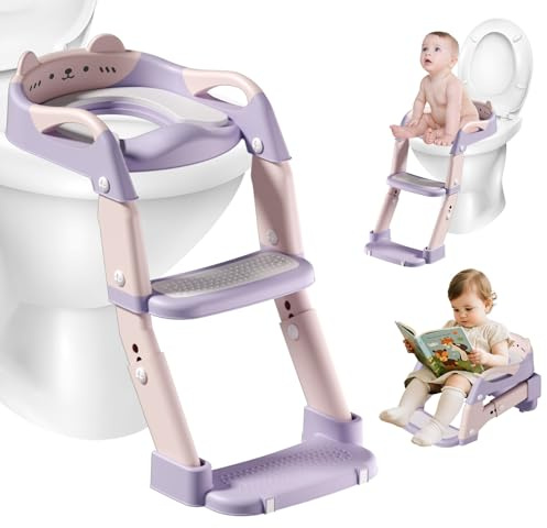 Bizcasa - Reductor de inodoro infantil 3 en 1 para niños, asiento de inodoro para niños, asiento de inodoro, elevador de inodoro infantil con cojín para niños y niñas, regulable en altura (rosa)