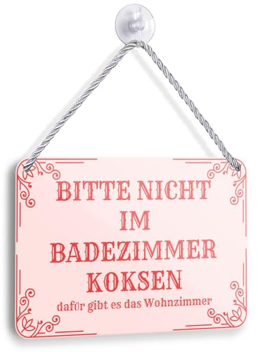 Blechschild BITTE NICHT IM BADEZIMMER KOKSEN 18x12cm - Lustiges WC Schild Rosa - Vintage Metallschild mit Kordel & Saugnapf - Retro Badezimmer Deko - Witziges Toiletten Türschild Geschenk