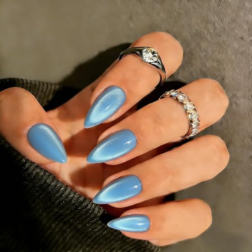 KQueenest Press On Nails Almond - Cat Eye Baby Blau Künstliche Nägel zum Aufkleben Mittel Mandel, 30 Stück 15 Größen Chrome Fake Nails Press ons, Wiederverwendbar Glänzend Acryl Nägel für Damen