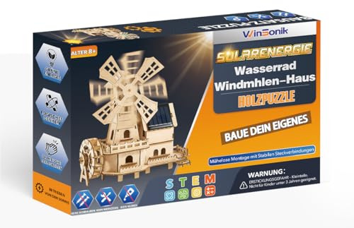 klick-System Solar 3D-Holz-Puzzle | Werkzeugfreies DIY Building Kit,Wasserrad-Holländisches-Windmühlenhaus-Bausatz |Mint Experimente für Kinder ab 8-15 & Erwachsene | Lindenholz – Sicher und Stabil.
