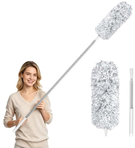 Plumero Atrapapolvo de Microfibra, Plumero Telescópico Extensible con Mango Extensible, Lavable, Herramienta de Limpieza para Techos Altos, Ventiladores, Persianas y Coche